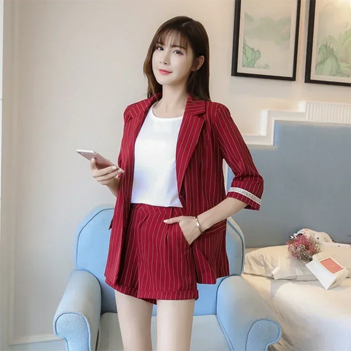

2020 женский деловой пиджак весна-лето в полоску, тонкий офисный женский деловой костюм, короткие брюки, униформа, костюмы из 2 предметов