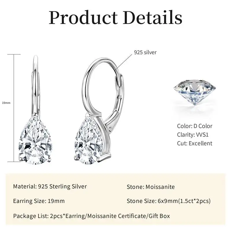 Lnngy Certified 1.5CT Pear Cut Moissanite Earring For Women Classic 925 Sterling Silver U-shaped Hoop Earrings Jewelry Gift