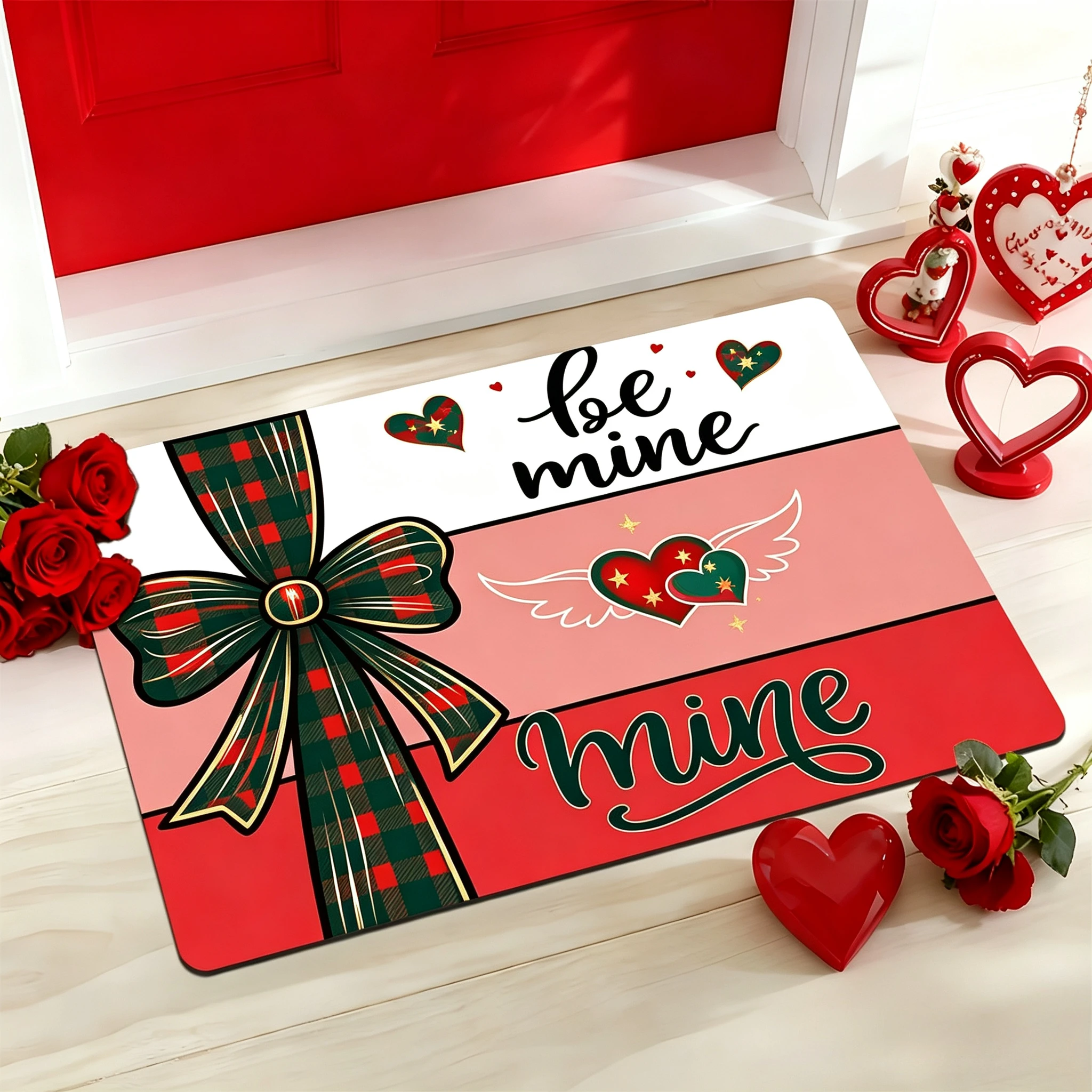 Romantic Decorative Floor Mat Be Mine Heart Wing Plaid Bow Print for Home Entryway Indoor Valentines Day Stylish Home Decor