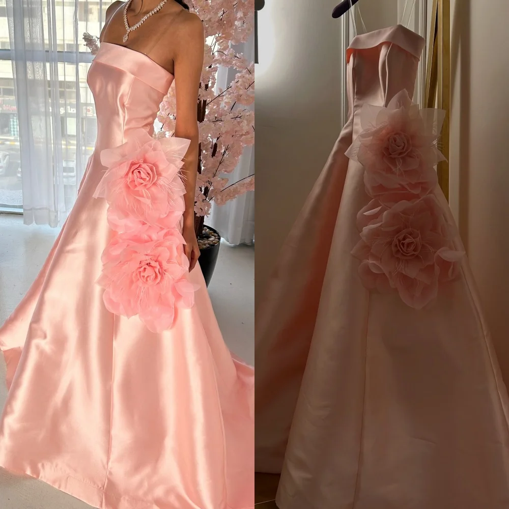 

Customized Fashion Retro Handmade Flower Pleat A-line Strapless Long Dresses Bespoke Occasion Dresses High Quality Modern Style