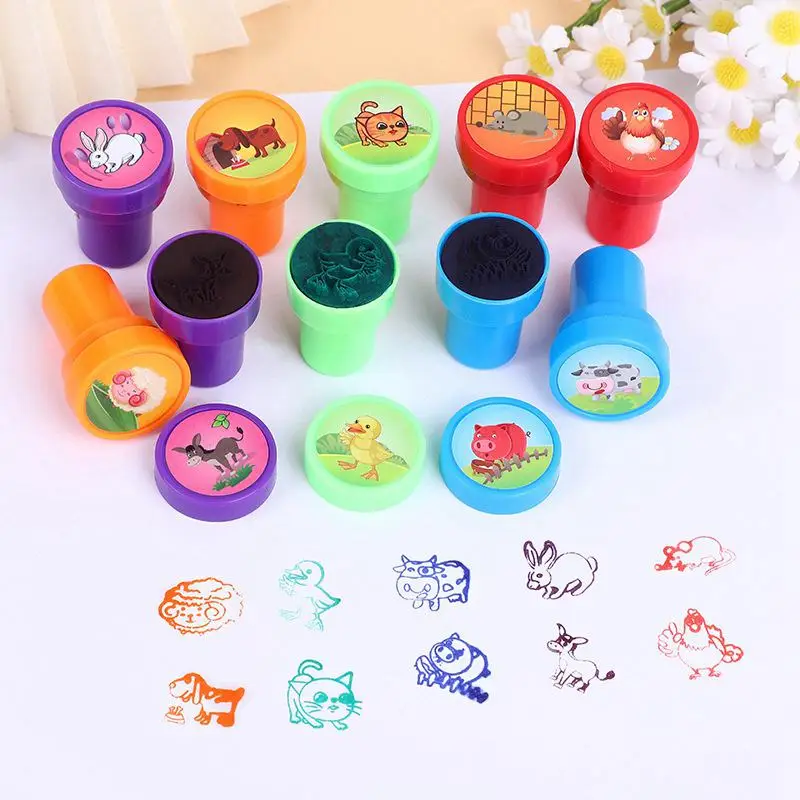 12/24pcs Cartoon Animal Fruit Children Toy Self-ink Stamps School Prize Gift Kids Birthday Party Favors Goodie Bag Pinata Filler