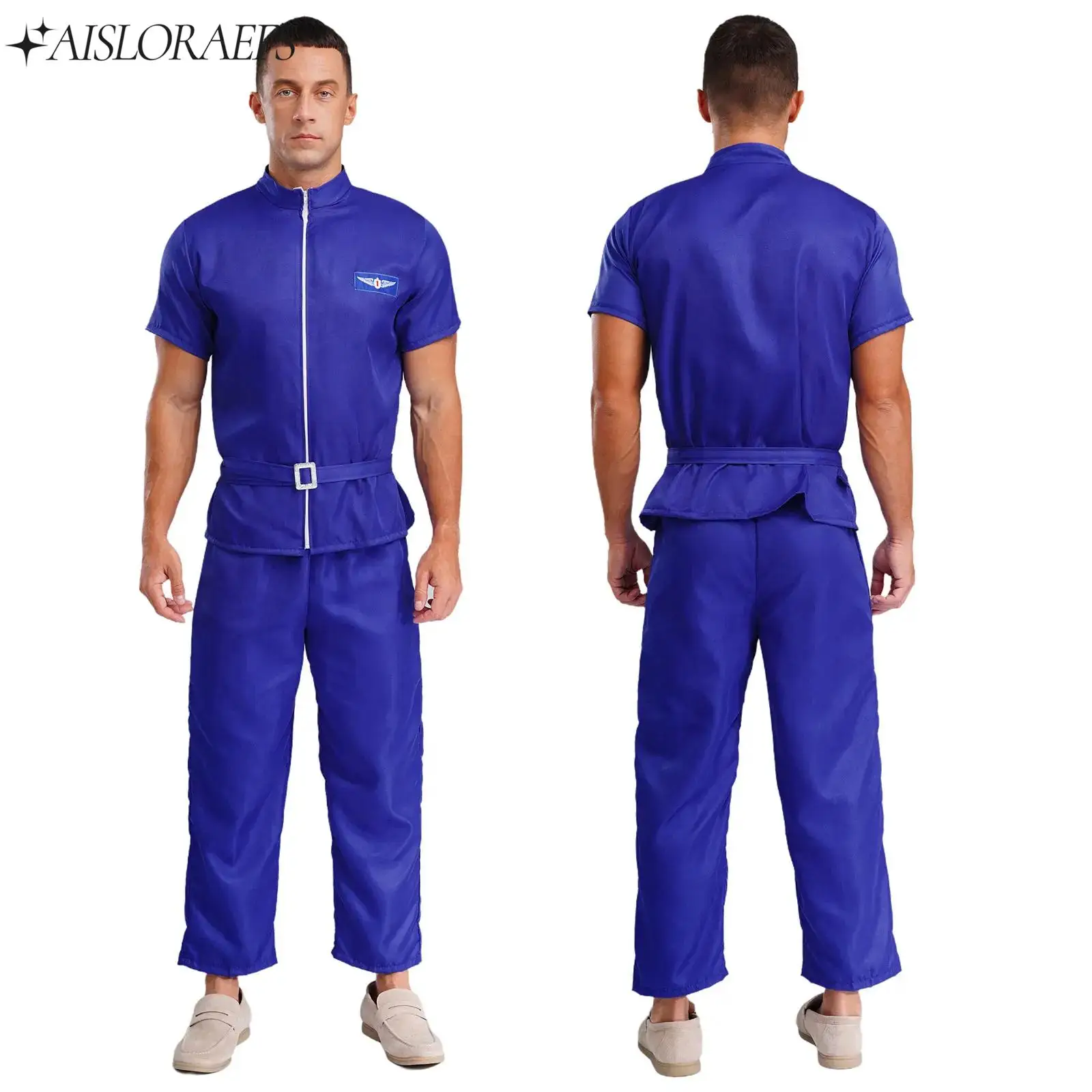 

Adult Astronaut Role Paly Costume Short Sleeves Shirt Tops Pants Set Space Man Explorer Flight Suit Halloween Cosplay Costume