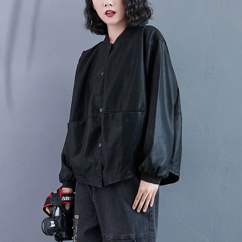 ربيع الخريف 2025 المرأة فضفاضة تناسب السائق Jaet ort سترة مفتوحة زر واحد الوقوف طوق معطف جلد تنوعا الخارجي... #3