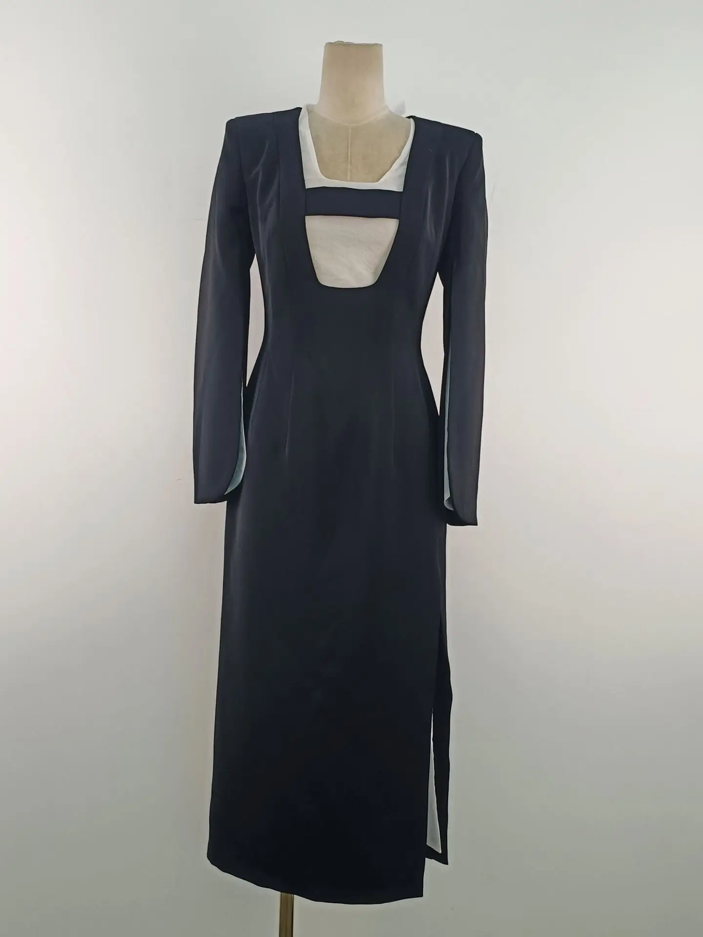 BEWQ Elegancka Sukienka Damska z Kwadratowym Dekoltem, Patchworkowa Gaza, Wysoki Stan, Rozcięcie na Rękawie, Sukienka Wieczorowa na Imprezę, Nowość Jesień 2025