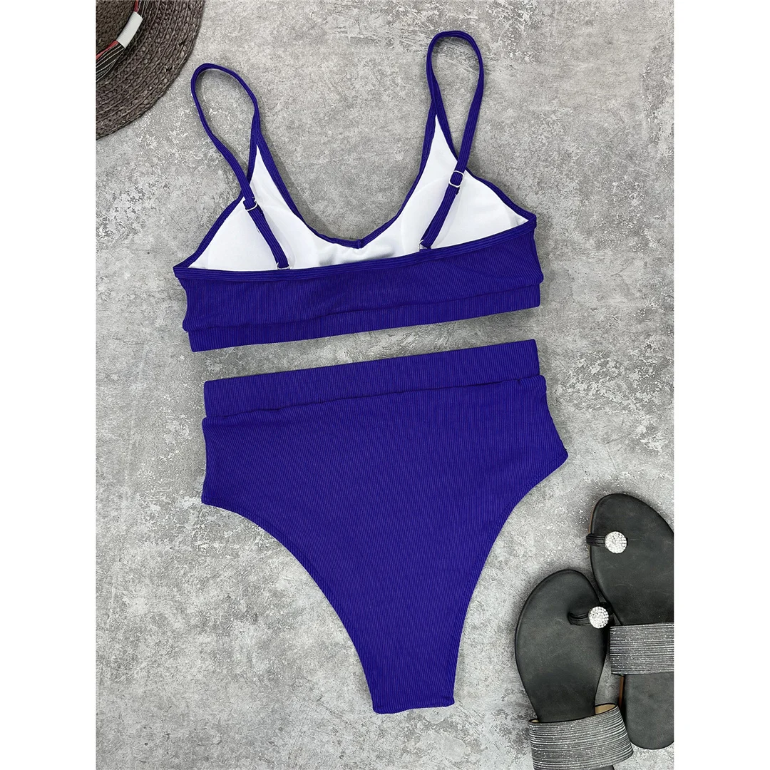Neuer, gerippter, gepolsterter Bikini mit hoher Taille in 4 Farben, Damen-Badeanzug, zweiteiliges Bikini-Set, Badebekleidung, Badeanzug, Modell V3768. – Detail 32