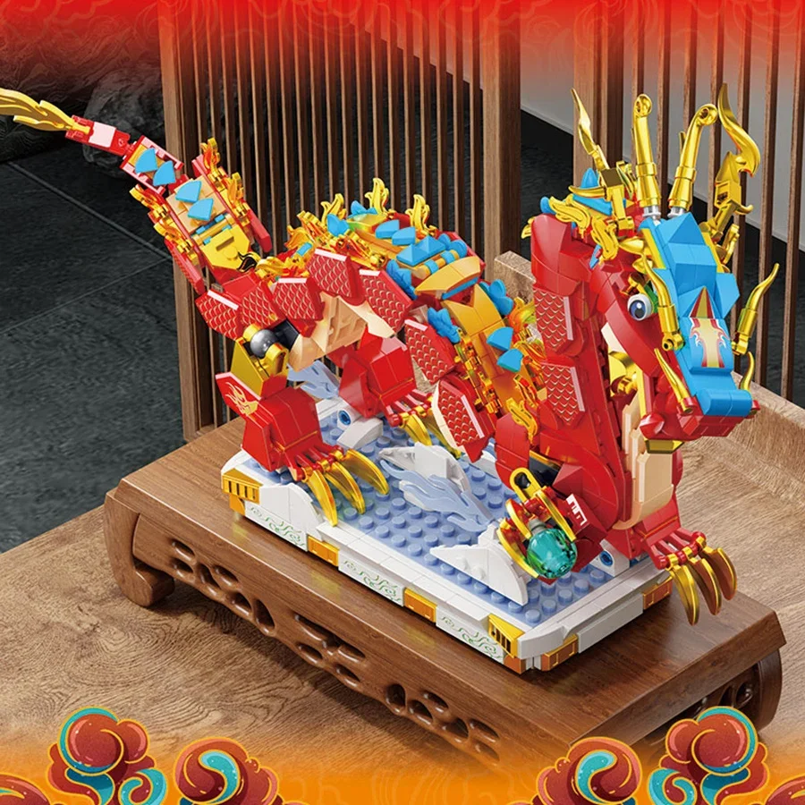 Dragon Chinese Building Blocks Style Assembling Small Particle Desktop Decoration Model Children Toys Boy Girl Dragon Year Gifts