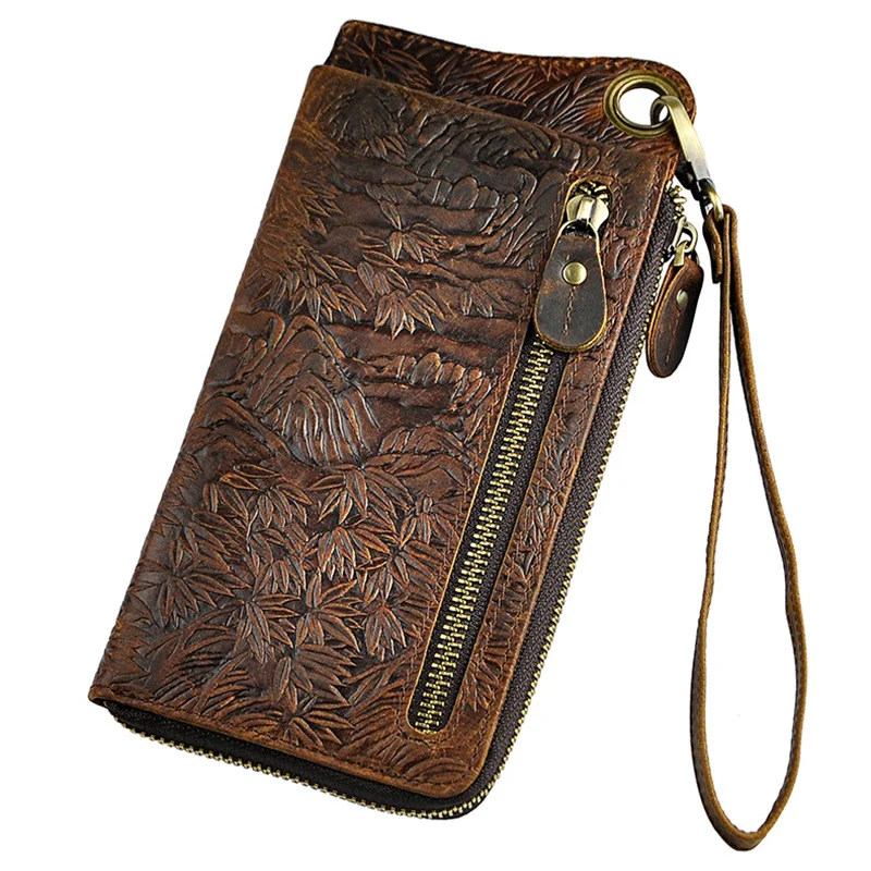 Animal Pattern Genuine Leather Purse Men Vintage Real Cow Leather Wallet Large Capacity Male Cowhide Clutch Hand Bag