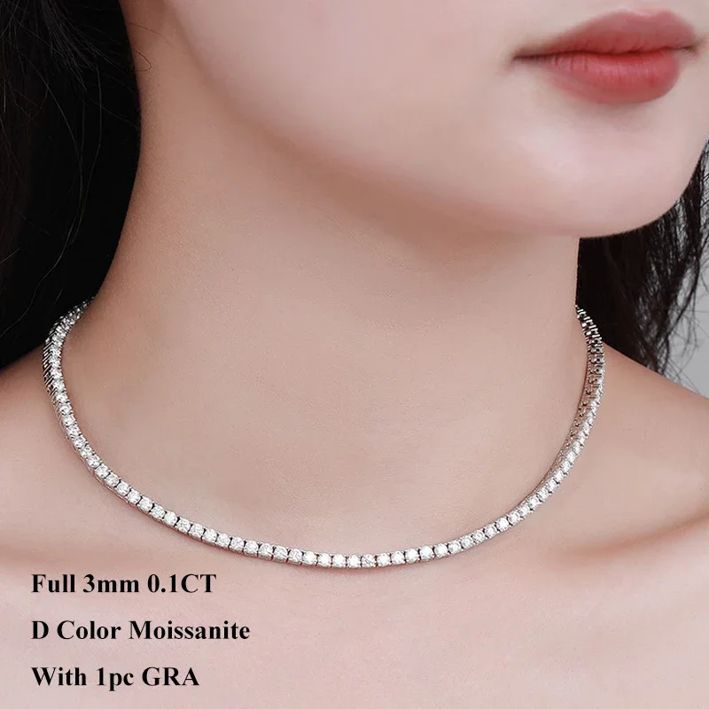 D Color VVS1 Full Moissanite Tennis Necklace 2.5/3/4/5mm S925 Sterling Silver Sparkling Fine Jewelry Gift For Women Wedding Party Neck Chain