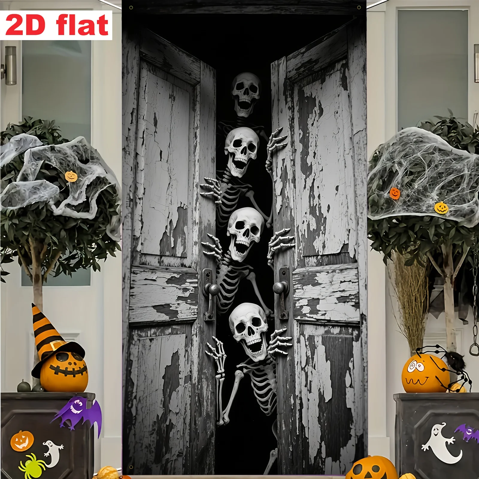 لافتة حفلة مسطحة ثنائية الأبعاد، ديكور إطار باب الهالوين - نمط رعب، تصميم مع مجموعة من الهياكل العظمية التي تفتح الباب.