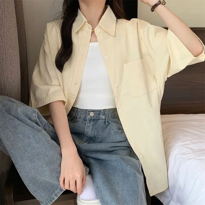 Summe Harajuku POLO Collar Pockets Short Sleeve Shirts New Solid Simple Top Thin Model Shirt Coat Casual Trend Womens Clothes