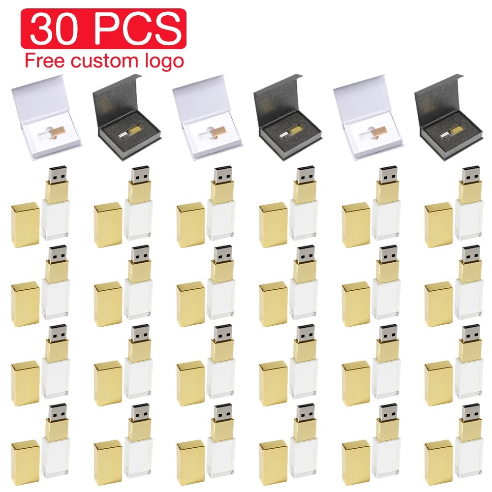 30PCS Lote USB Flash Drive 128GB Free Custom Logo Memory Stick Crystal Pen Drive 64GB Storage Device 30 Pieces Pendrive 32GB 16G