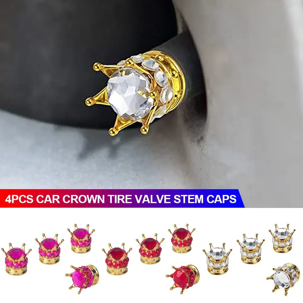 4Pcs Crown Tire Valve Stem Caps Bling Crystal Rhinestone Universal Chrome Crown Vehicle Car Tire Caps Covers Autos Accesorios