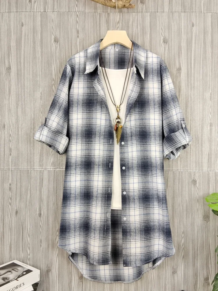 

Plus Size Women Shirt Tops Thin Plaid Long Sleeve Shirt Loose Fit Trendy Korean Style Blouse Overalls Work Clothes Casual Scene