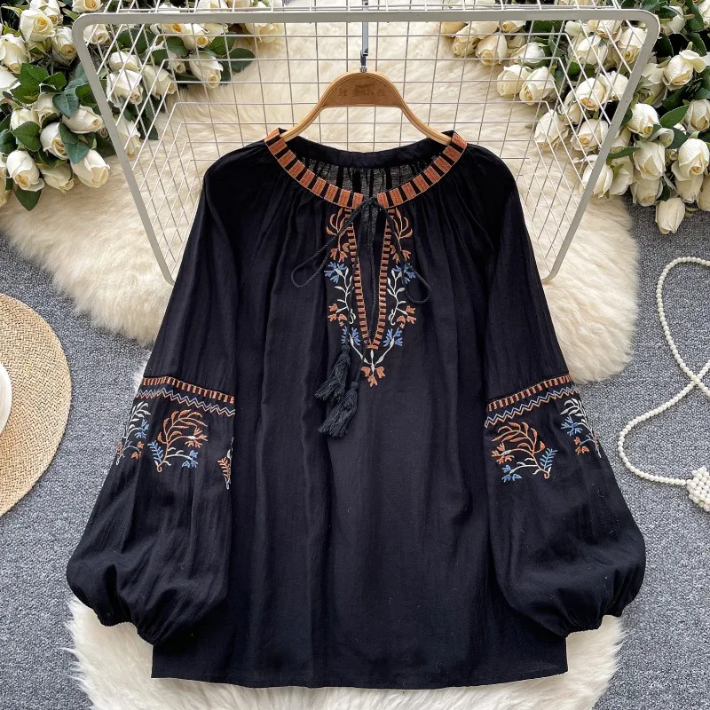 ศิลปะ Retro เย็บปักถักร้อย Lace Up โคมไฟแขนเสื้อผู้หญิงใหม่แฟชั่นหลวมสบายๆ Tops Beach Holiday เสื้อ