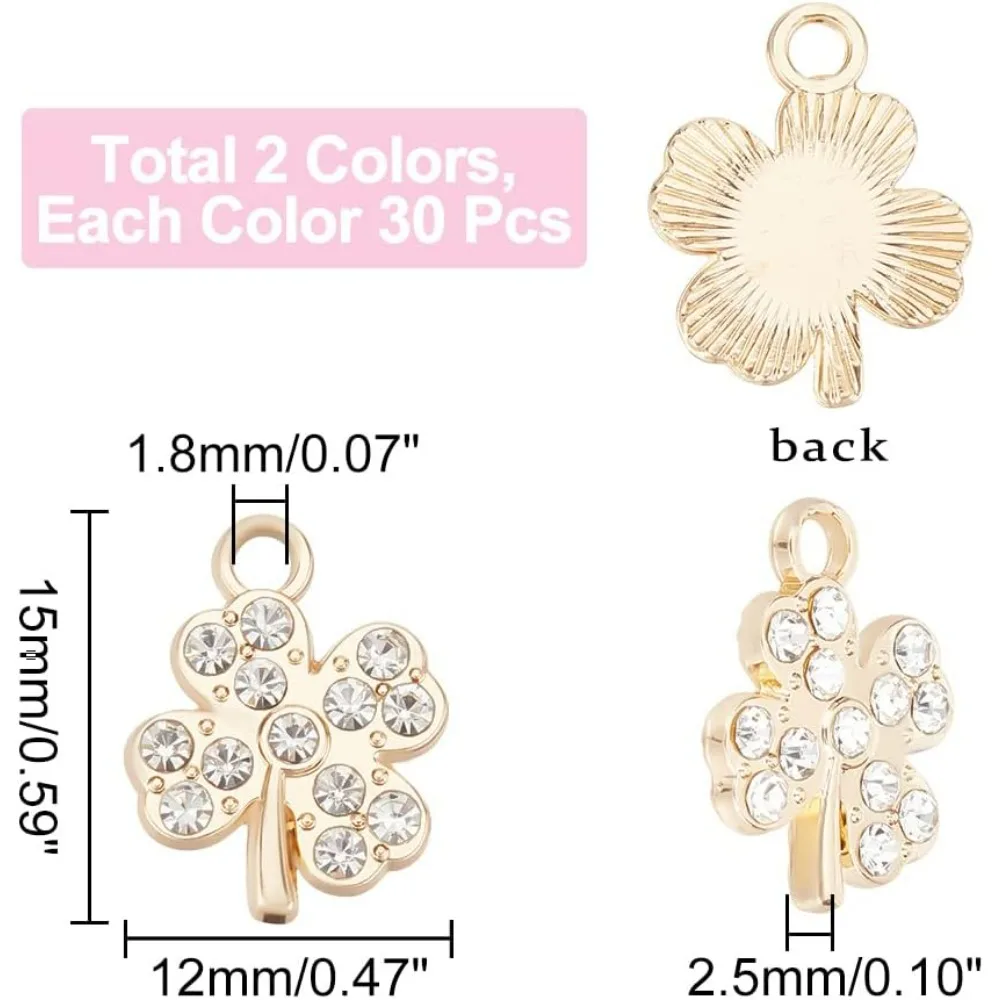 60Pcs 2 Colors Four Leaf Clover Charm Good Luck Charm Shamrock Lucky Charm Crystal Gems Pendant Alloy Pendants Saint