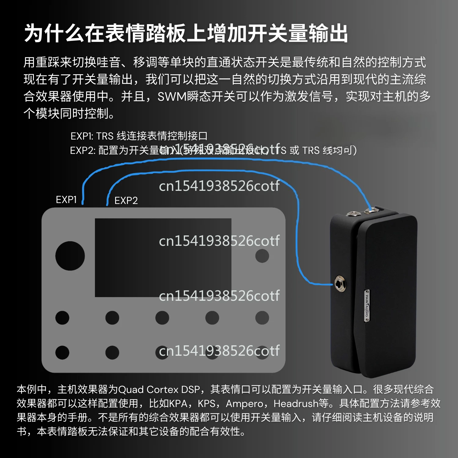 Fully compatible output Expression pedal with transient switch Output configurable Repeat switch
