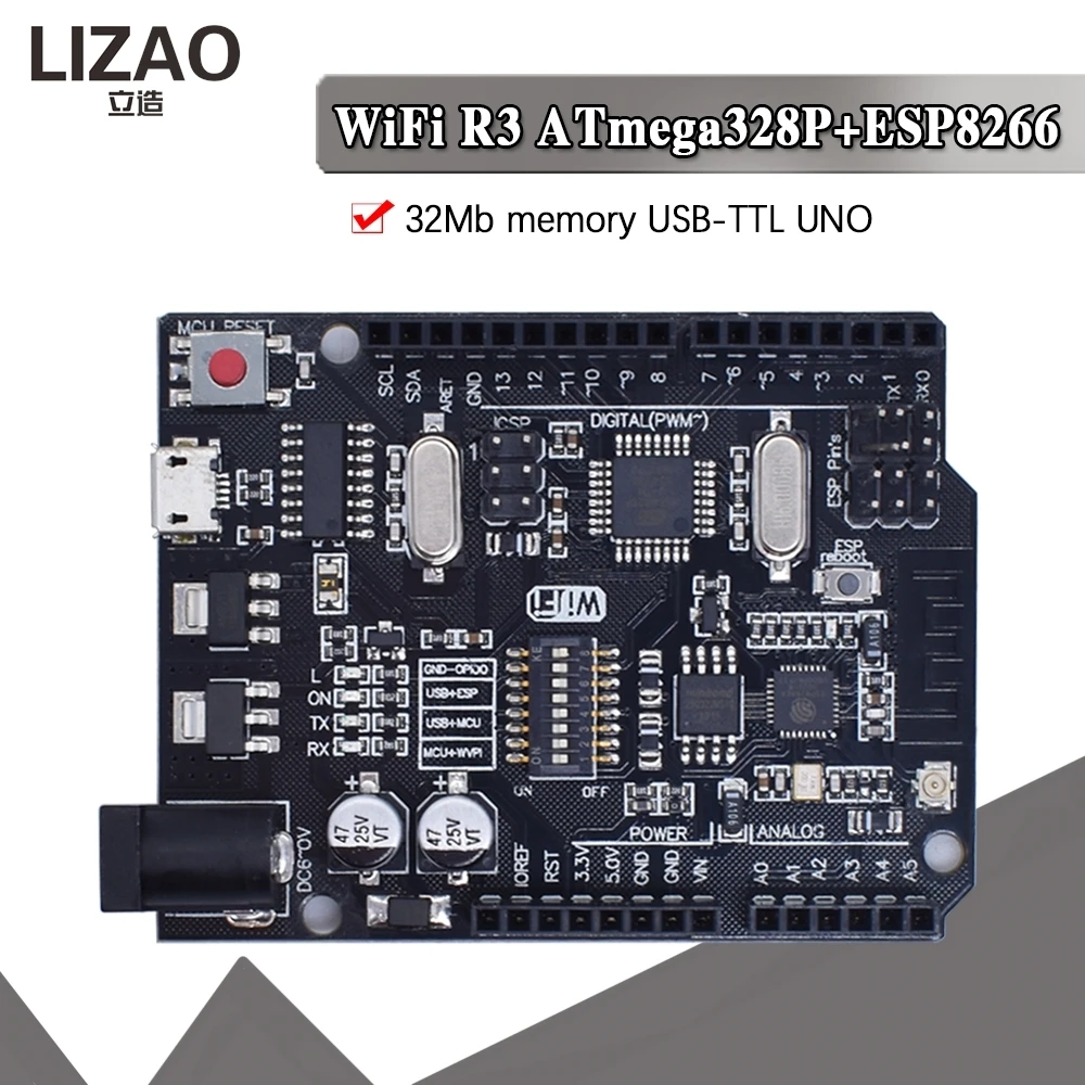 LIZAO UNO R3 WiFi Development Board ATmega328P ESP8266 32Mb Flash CH340G USB-TTL Module for Arduino NodeMCU