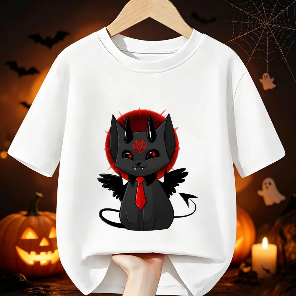 Funny Winged Devil Black Cat Printed Children's T‑Shirt Halloween Pattern Soft Cotton Kids Short Sleeve Boys Girls Party Clothes
