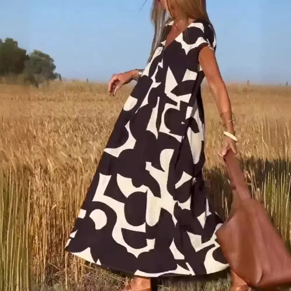 2024 Estate Casual Boho Abito stampato Scollo a V Manica corta A Line Dress Casual Allentato Flowy Swing Abiti lunghi per le donne Eleganti