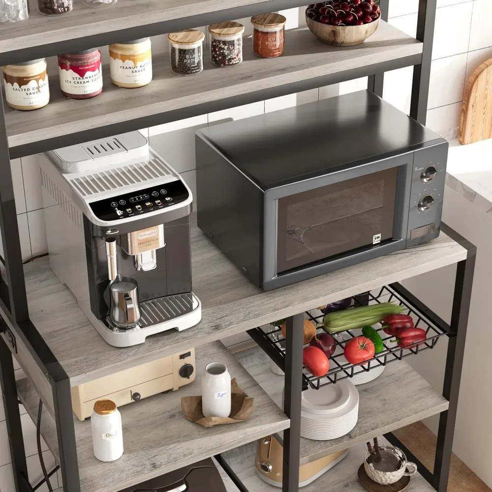 Microwave Stand with Industrial Design, Kitchen Buffet Table, Coffee Bar Drawer, Power Outlet Bakers Rack, Wire Management Solut