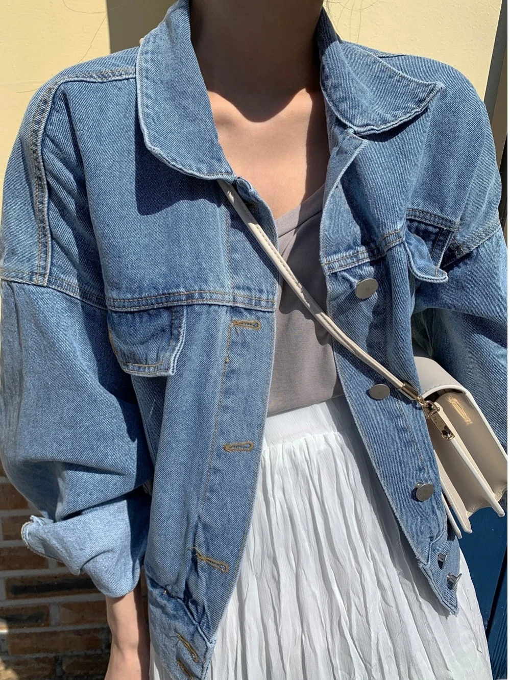 

Retro Lapel Single Button Multi ket Waed Blue Jeans Jaet ort Outerwear Loose Fit Spring Ins Sle Women's Sweater