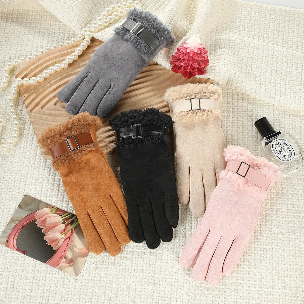 แฟชั่นหนังนิ่มผู้หญิงขนแกะถุงมือป้องกันความเย็นหน้าจอสัมผัสขี่จักรยานMittens Windproofหนาถุงมือสกีกลางแจ้ง