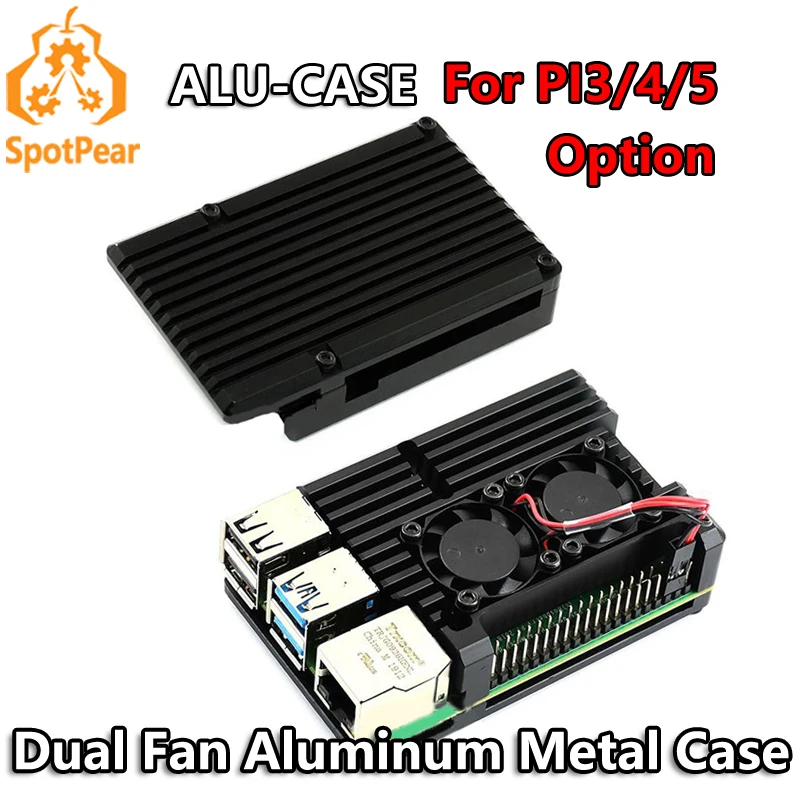 Aluminum Metal Case with Dual Fan For Raspberry Pi5/4/3 Option