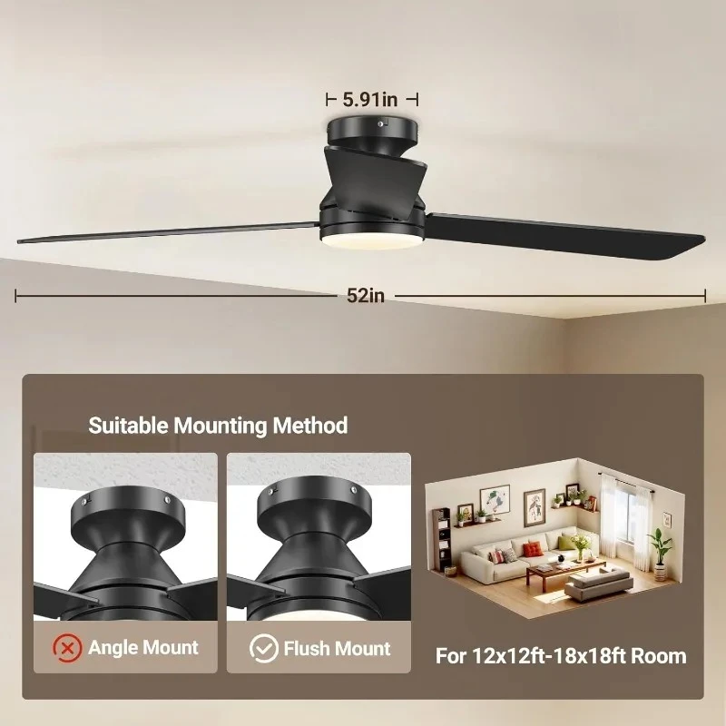 

HOME Ceiling Fans with Lights, 52 Inch Low Profile and Remote Control, LED Dimmable for Bedroom Living Room Indoor