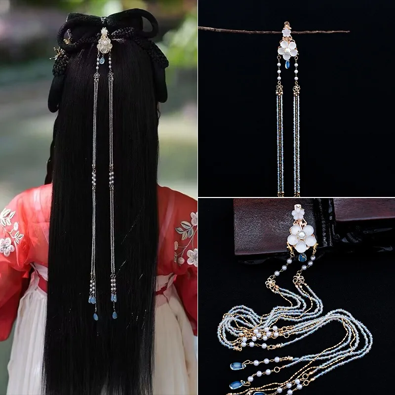 Chinese Hanfu Hair Accessories Set Hair Sticks Tassel Hairpin Earrings Women Han Fu Headpiece Headdress Halloween Party Props