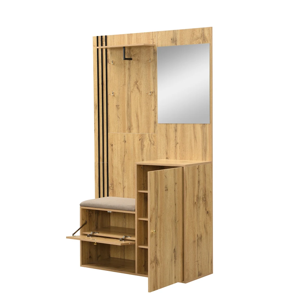 Kleiderschrank-Set, kompakter Flur-Kleiderschrank mit Spiegel und Kissen mit schwarzem Zierstreifen, Regal, Flur-Kleiderschrank, Schuhschrank – Detail 13
