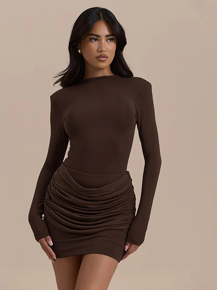 

Fantoye Elegant Round Neck Ruched Women Mini Dress Brown Long Sleeve High Waist Dress Female Autumn Bodycon Party Evening Dress