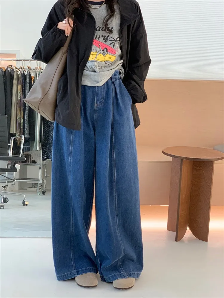 

Джинсы Feita с высокой талией и широкими штанинами, ретро-стиль, прямые длинные брюки, эффект похудения, повседневные, однотонные, весна-осень, женские