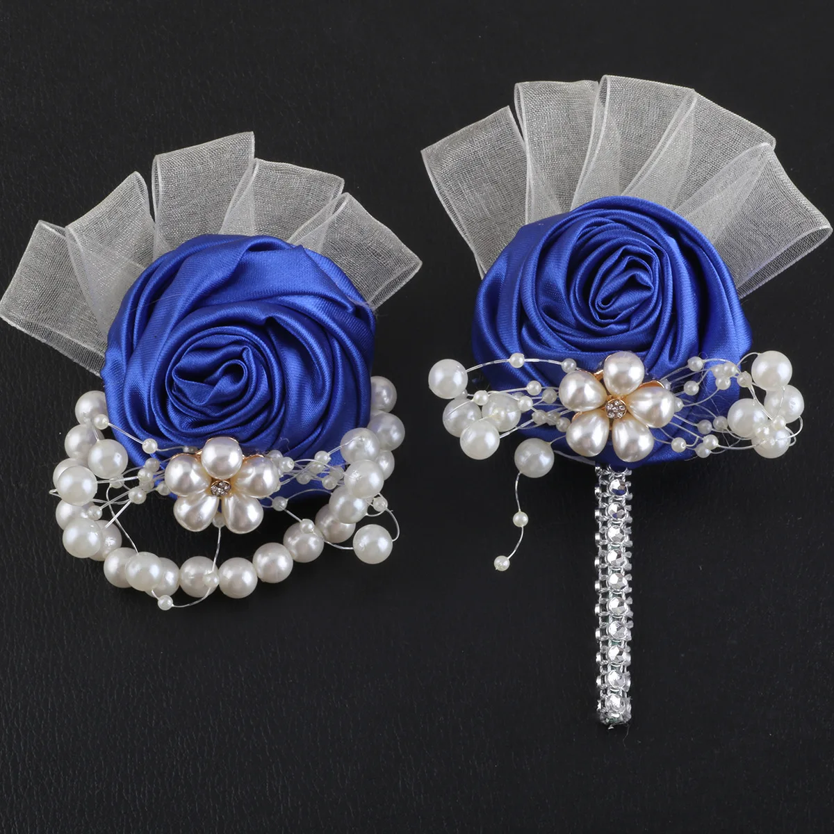 JaneVini Luxury Royal Blue Boutonniere Mariage Pearl Crystal Men Suit Buttonhole Flower for Wedding Ribbon Flower Wrist Corsage