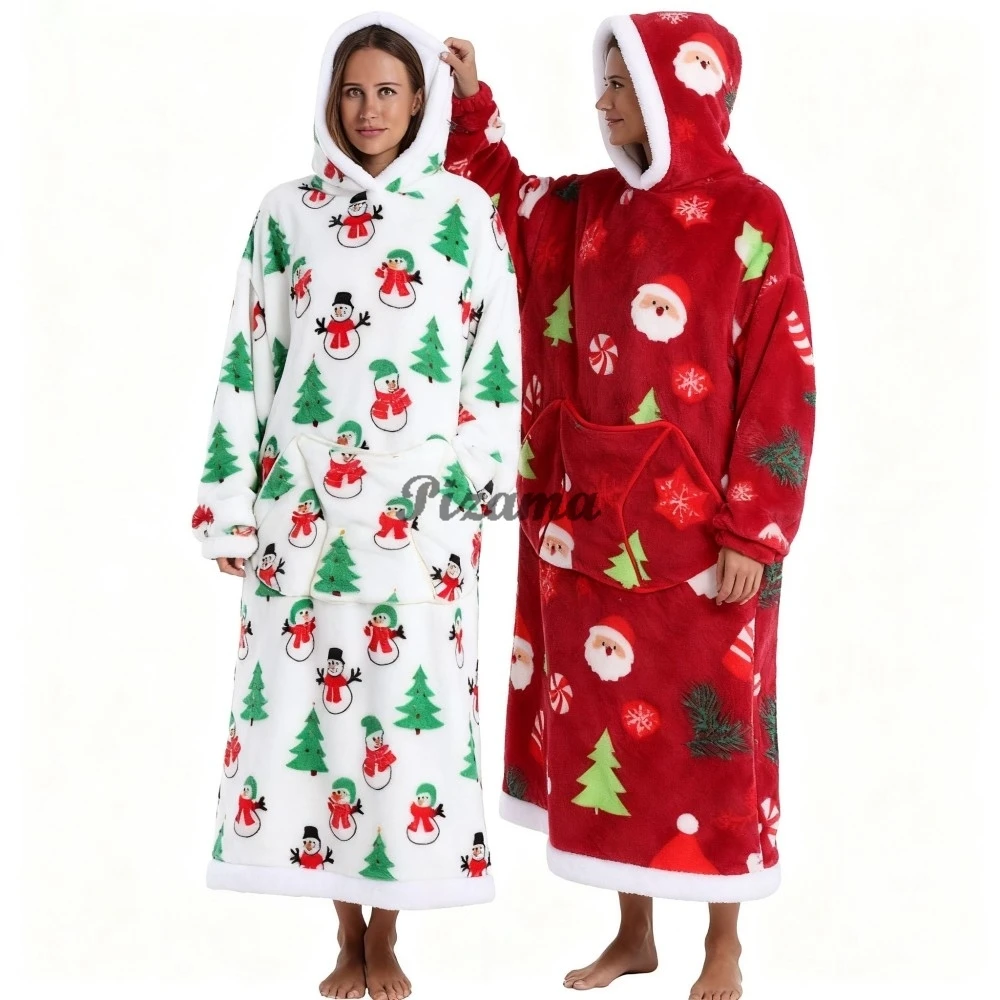 Snowman Santa Claus One Piece Hooded Oversized TV Blankets with Sleeves Winter Warm Women's Bath Robes Adult Night Robes Dresses