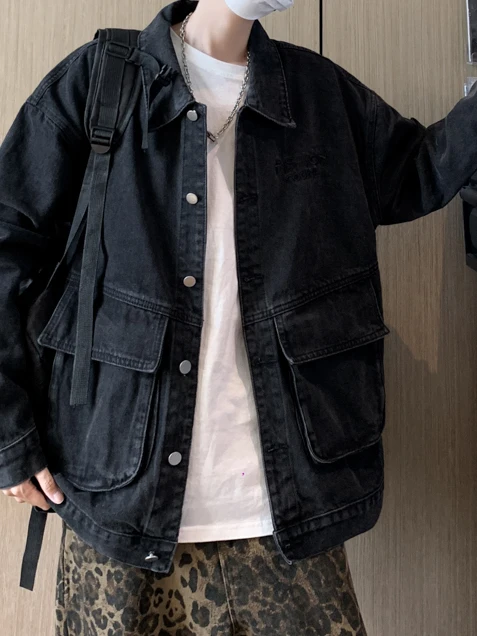 

Retro Bla ey Denim Jaet Men's Embroidered Cool Streetwear American Sle kets Spring Autumn Workwear Jaet