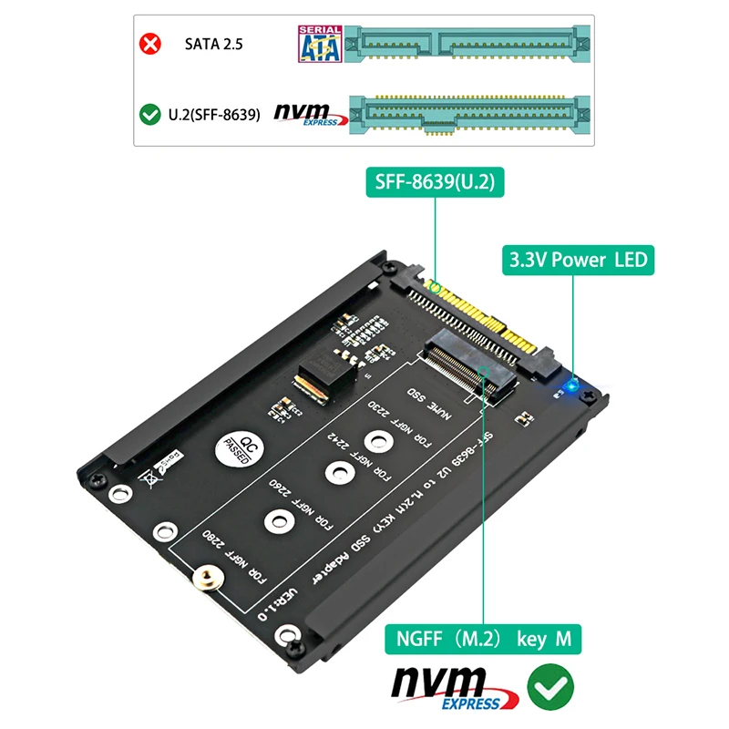 Adaptador M.2 NVME Key M SSD a SFF-8639 U.2, convertidor elevador con soporte de marco, compatible con 2230, 2242, 2260, 2280 M.2 SSD para PC de escritorio