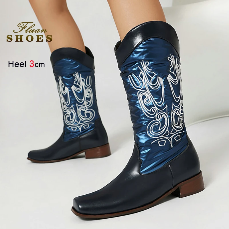 Botas de vaquero del oeste con cabeza cuadrada, zapatos de mujer bordados de tacón medio, botas de caballero, botas medias de moda femenina de tacón grueso de 3cm