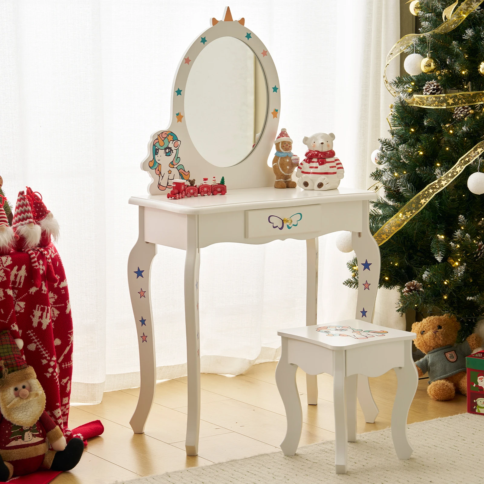 

Kids Vanity Table and Chair Set, Girls Vanity with Mirror , Cute Unicorn Design, Pretend Play Makeup Dressing Princess Table