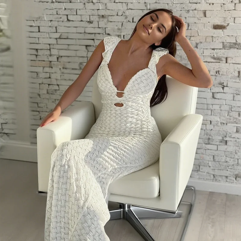 

New European and American style women's clothing, INS pure desire V-neck backless lace-up hollow-out slim dress for women
