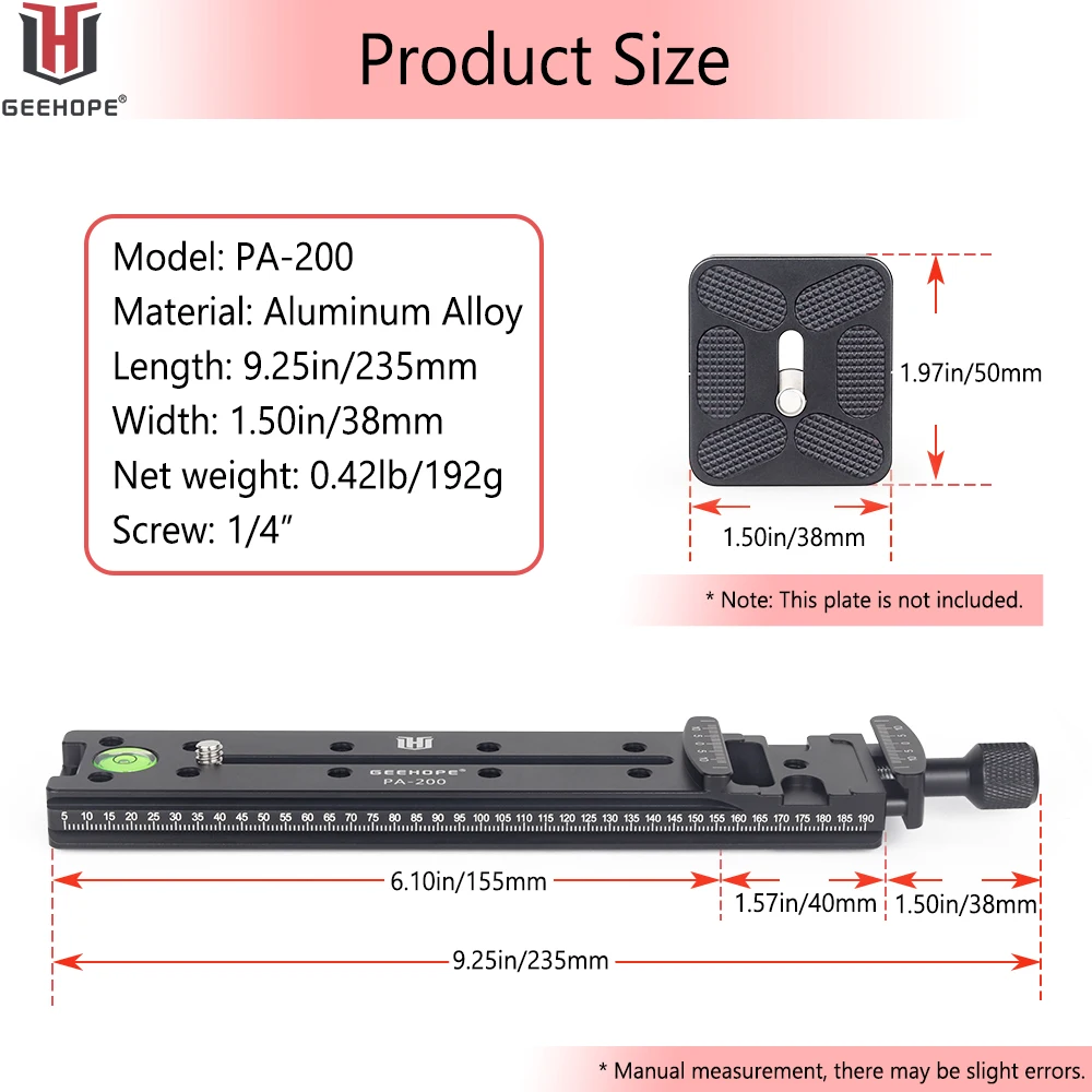 Long Quick Release Plate GEEHOPE PA-200 200mm Arca Swiss Universal Standard Rail Nodal Slide Metal Clamp for DSLR Camera Lens