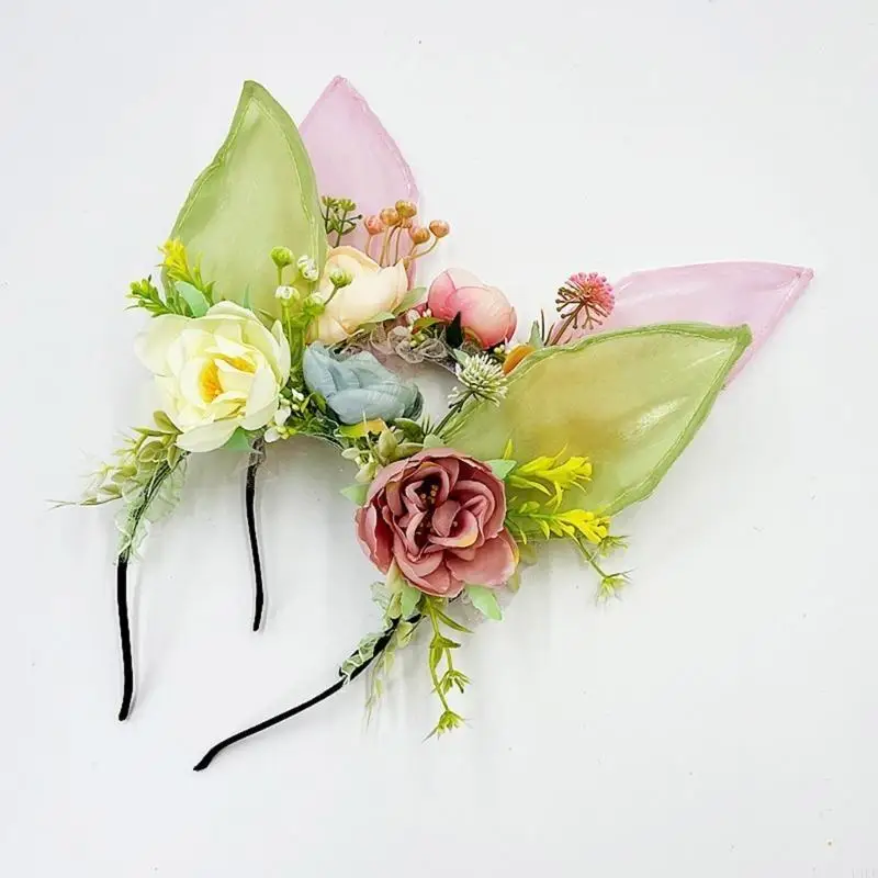 U4LE Duże króliczki Uszy Opaska do włosów Polichromowany kwiat Opaska do włosów Kobiece opaski Anime dla dzieci i młodzieży