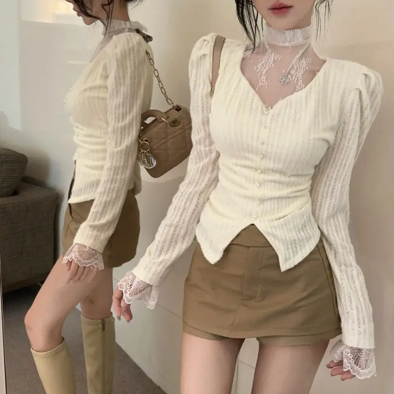 New Style Niche Stand Up Collar Patchwork with Velvet Lace Top for Women's Design Youthful Base Ins Top