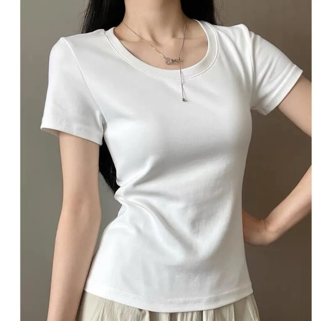 

Korean Style Women's Slim-fit T-shirt U-collar Base Top Short-sleeved Shoulder Elegant Inner All-match Summer