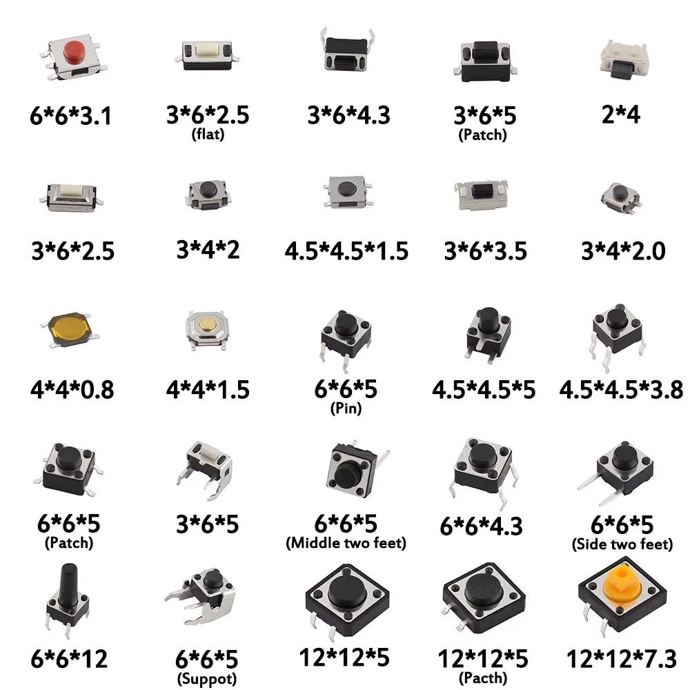 125 peças 25 tipos de pacote de interruptor de toque pequeno interruptor de botão micro interruptor pacote saco de botão de interruptor 125 peças