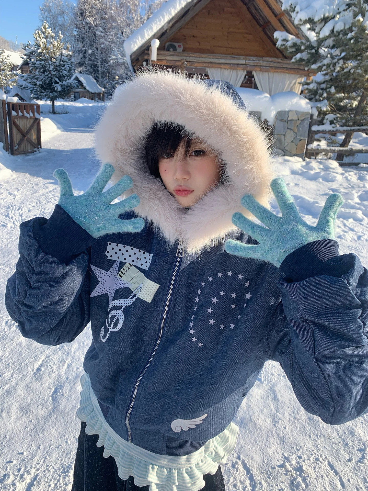 

Warm Faionable Denim Fur Jaet Coat with Hat moreeep Notebook Stier Design Long Sve Zipper Closure Commute Sle