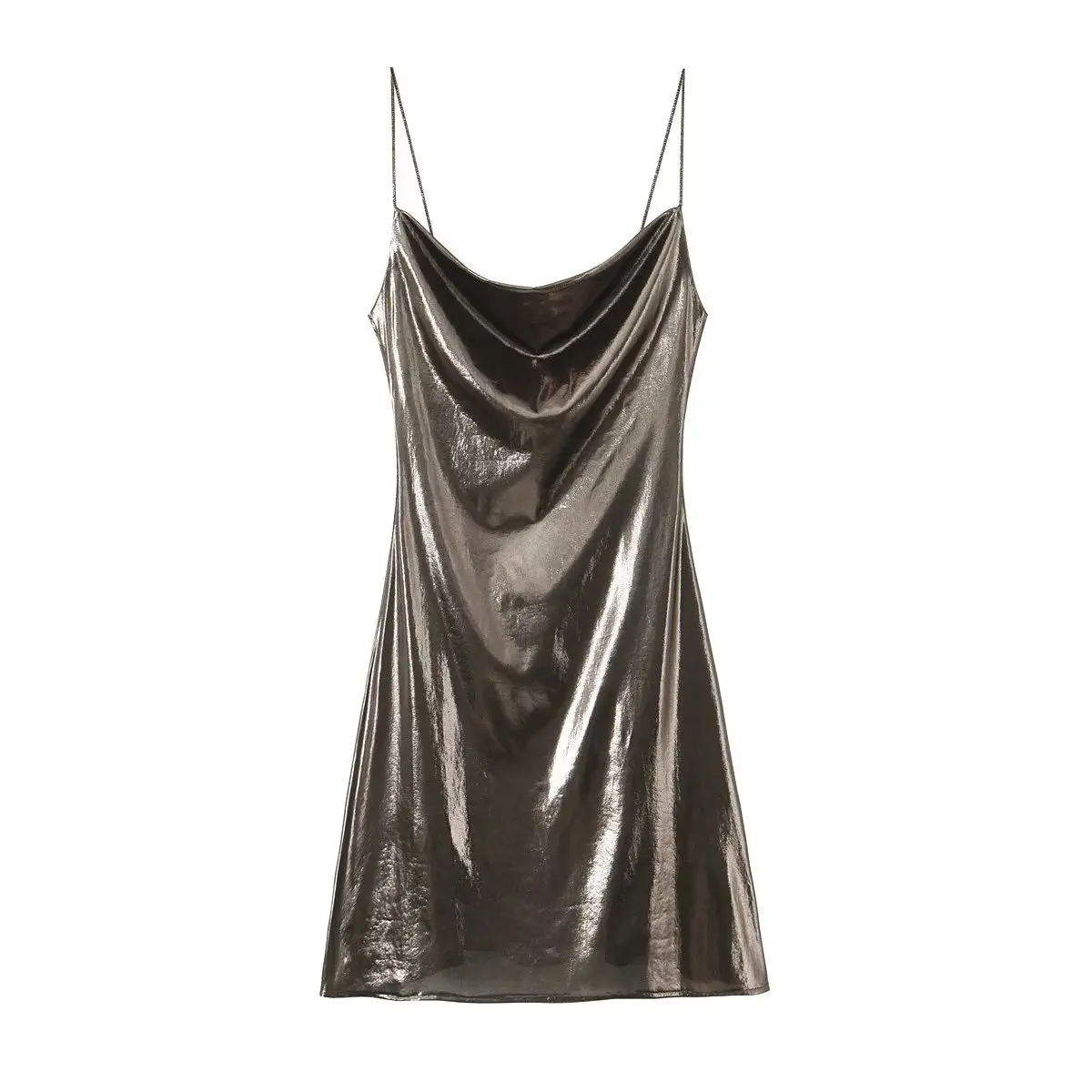 Summer Women Shinning Metallic Color Sling Mini Dress Female Chic Pleat Design Casual Slim Party Vestidos DS5000