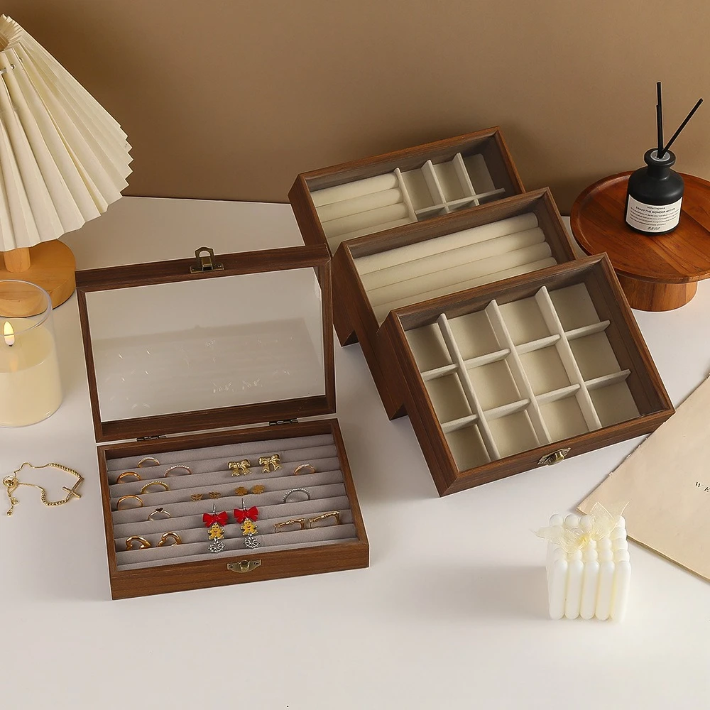 Christmas Present Wooden Jewelry Organizer Box, Clear Lid Multi Grid Storage Case For Earrings Rings Necklaces