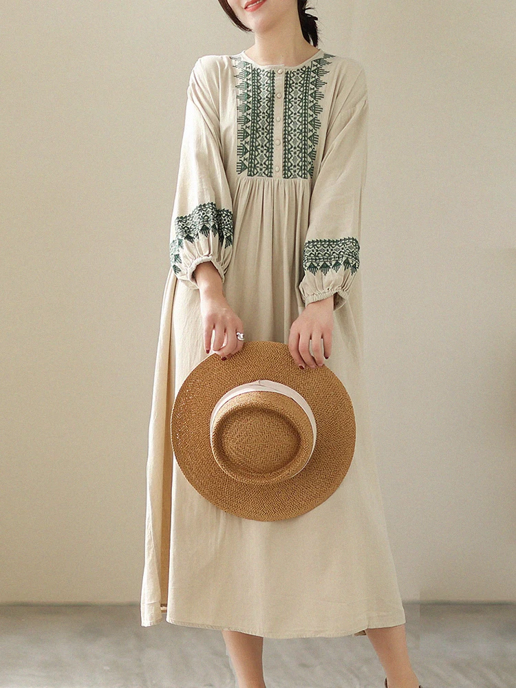 Large Size Cotton Linen Doll Skirt Women's Forest System Embroidery Long Dr round Ne A-Line Summer Spring Casual Dr