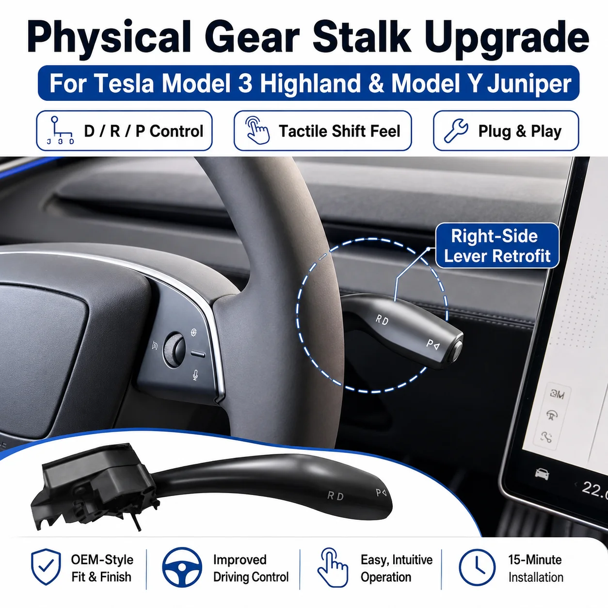 

Gear Shift Stalk Right Lever for Tesla Model 3 Highland Model Y Juniper Physical Shifter Handle D P R Indicator Interior Kit