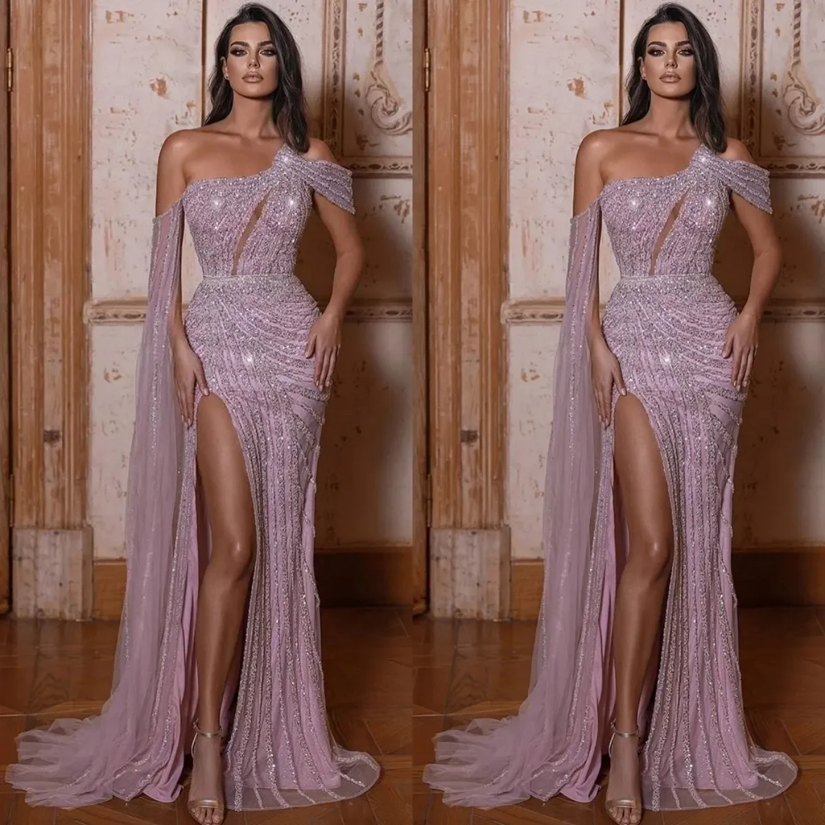 Mulheres brilhantes sereia vestidos de noite fora do ombro lado split vestidos de baile lantejoulas vestidos de festa feitos sob encomenda plus size